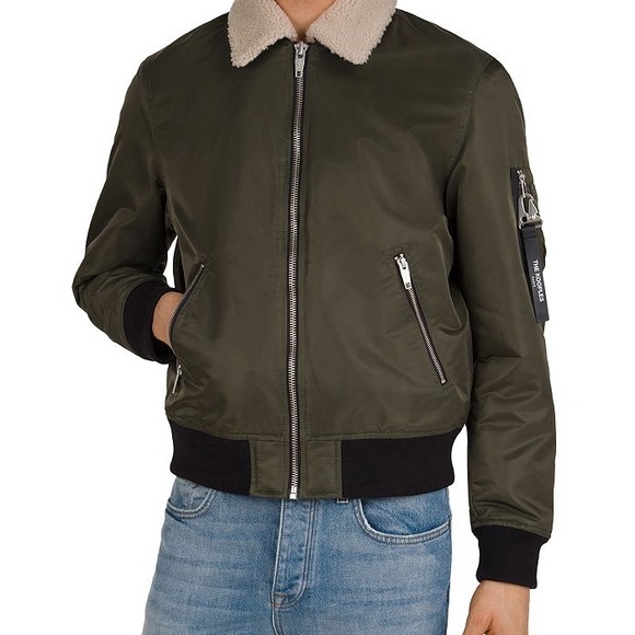 Kooples - Olive Green Bomber Jacket with Shearling Collar - Removable Collar - Picture 4 of 7
